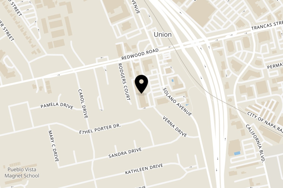 Map showing the location of Squeeze Burger on 3383 Solano Ave in Napa